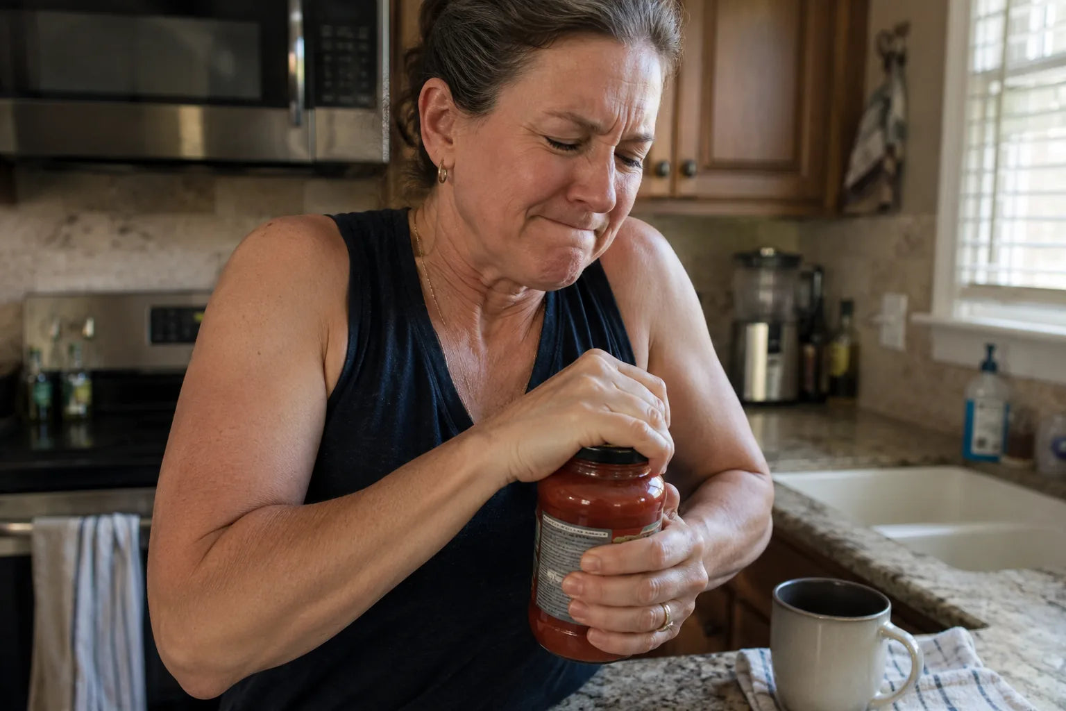 Woman in her early 50s straining with both hands to open a stuck pasta sauce jar in morning kitchen light