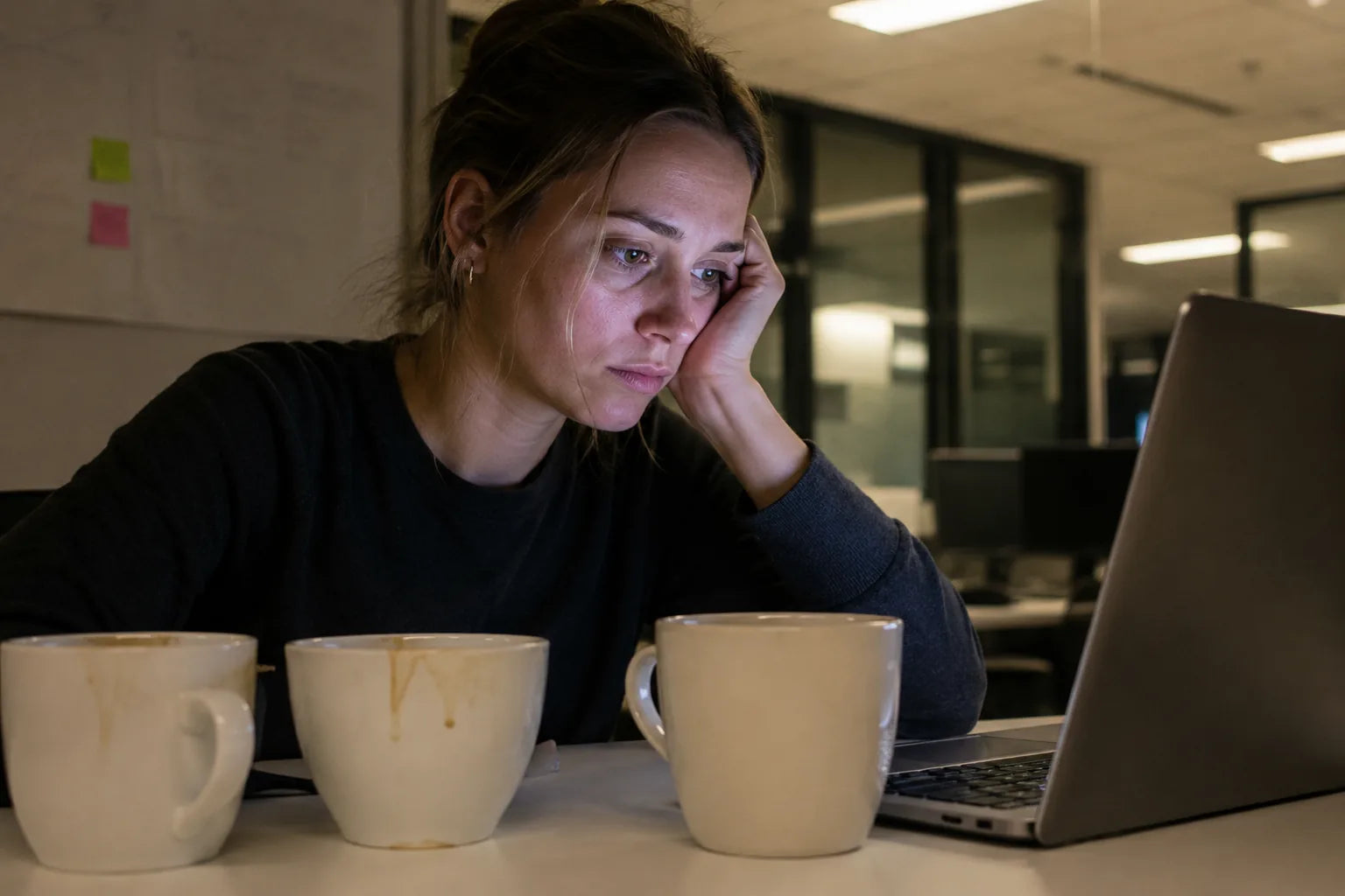 Woman at her desk at 3pm with a third coffee cup beside two empty ones, head propped on her hand, tired