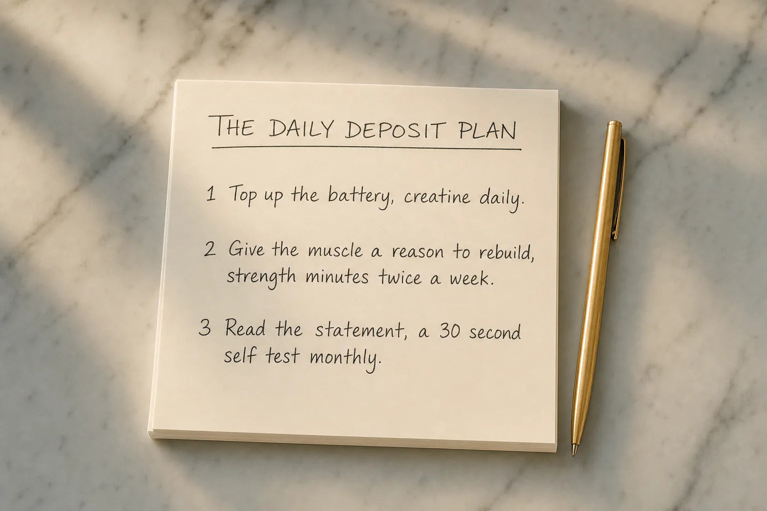 Cream notepad infographic titled The Daily Deposit Plan with three numbered handwritten entries