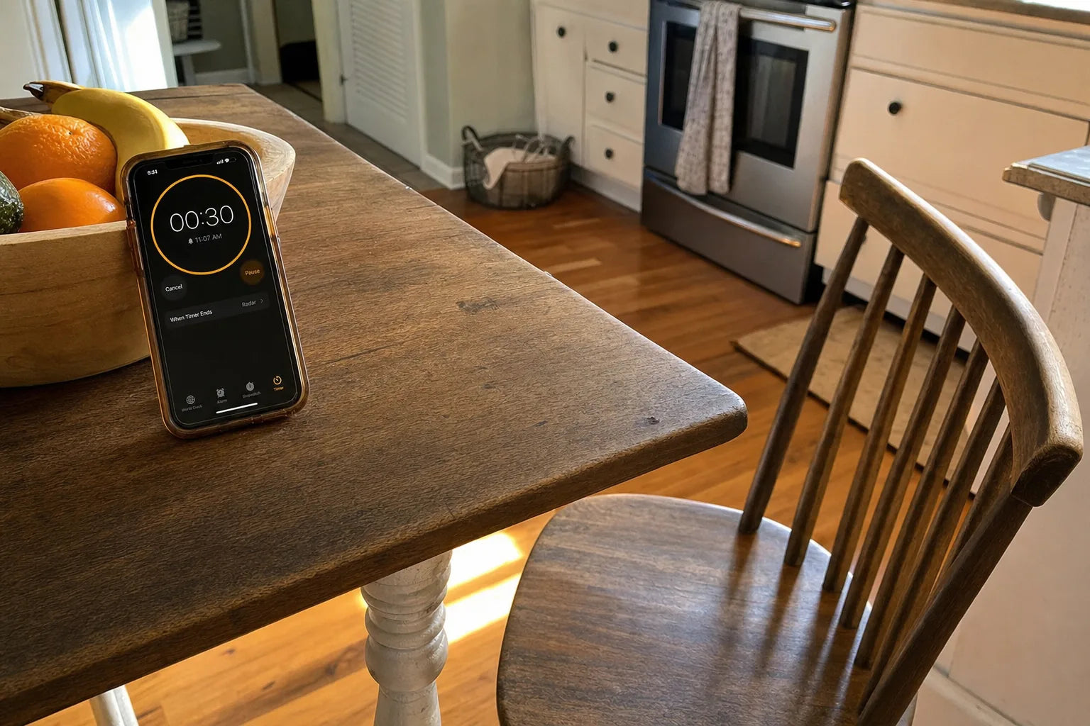 A wooden kitchen chair pulled out from the table with a phone propped against a fruit bowl showing a 30-second timer