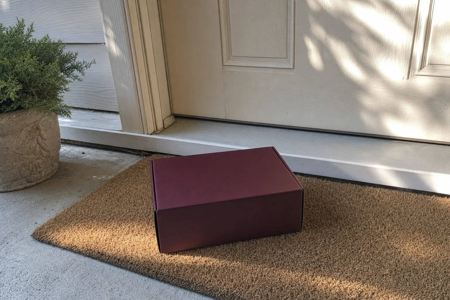 A small elegant burgundy shipping box on a front-porch doormat in morning light, no product visible