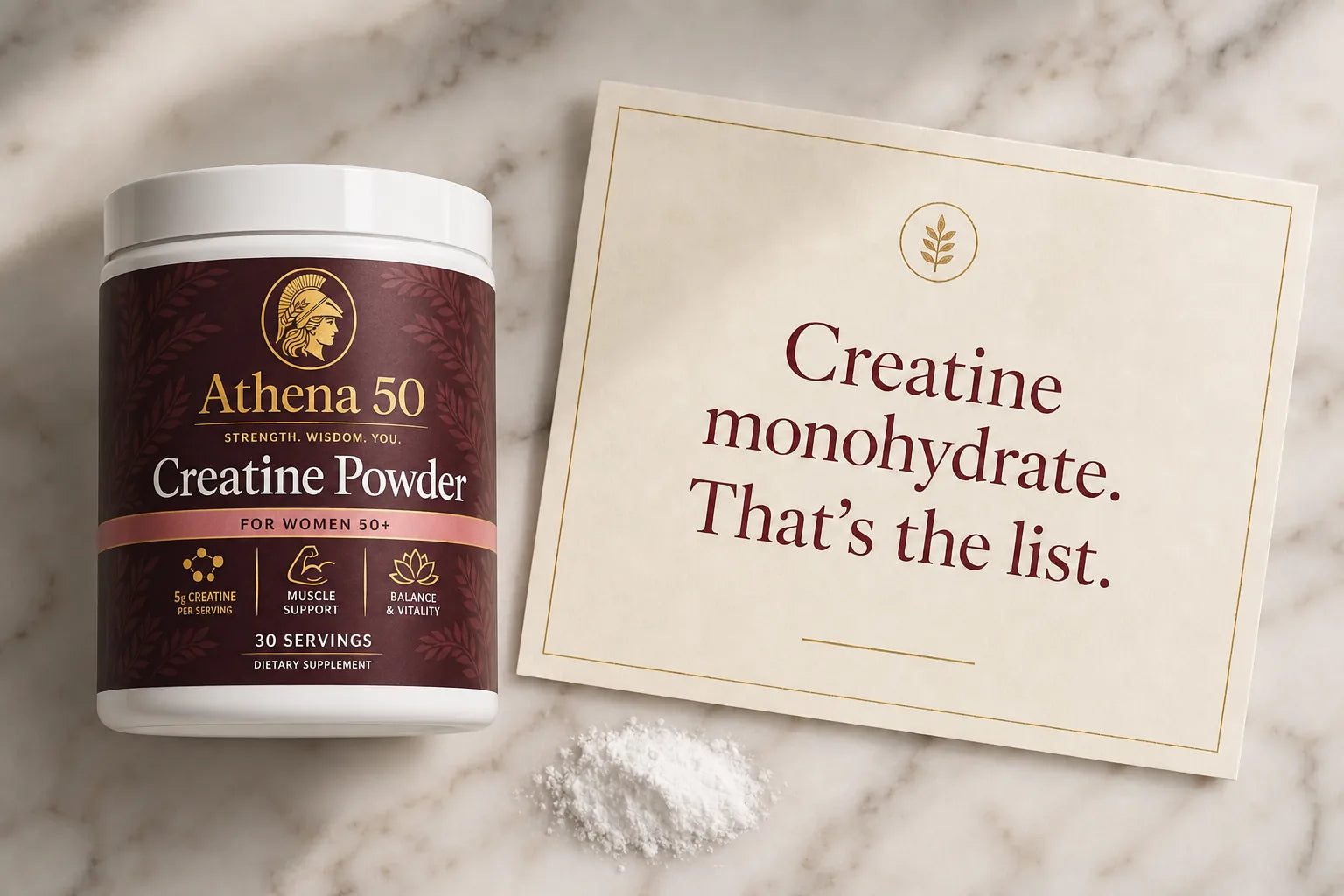 The tub beside a card reading Creatine monohydrate, that's the list