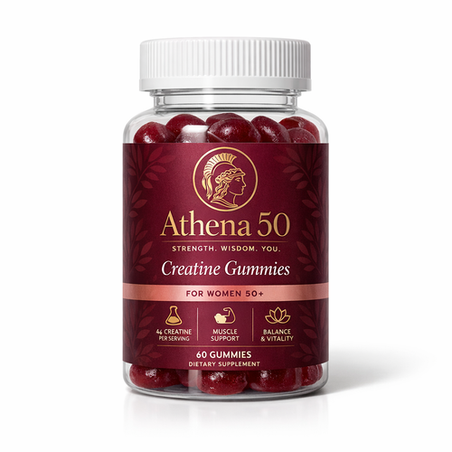 Athena 50 Creatine Gummies bottle — burgundy label, gold emblem
