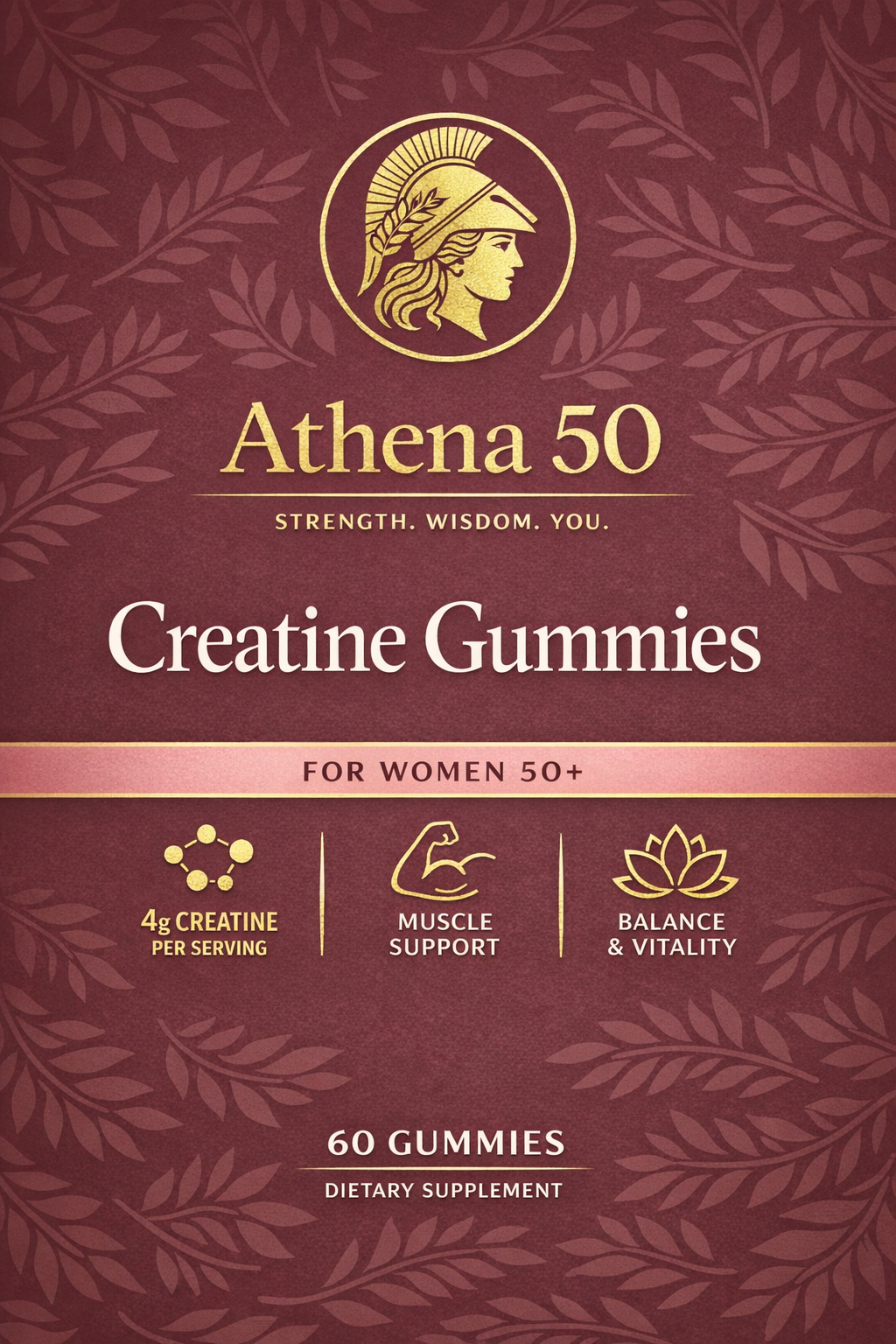 Athena 50 front label — 4g creatine, 60 gummies