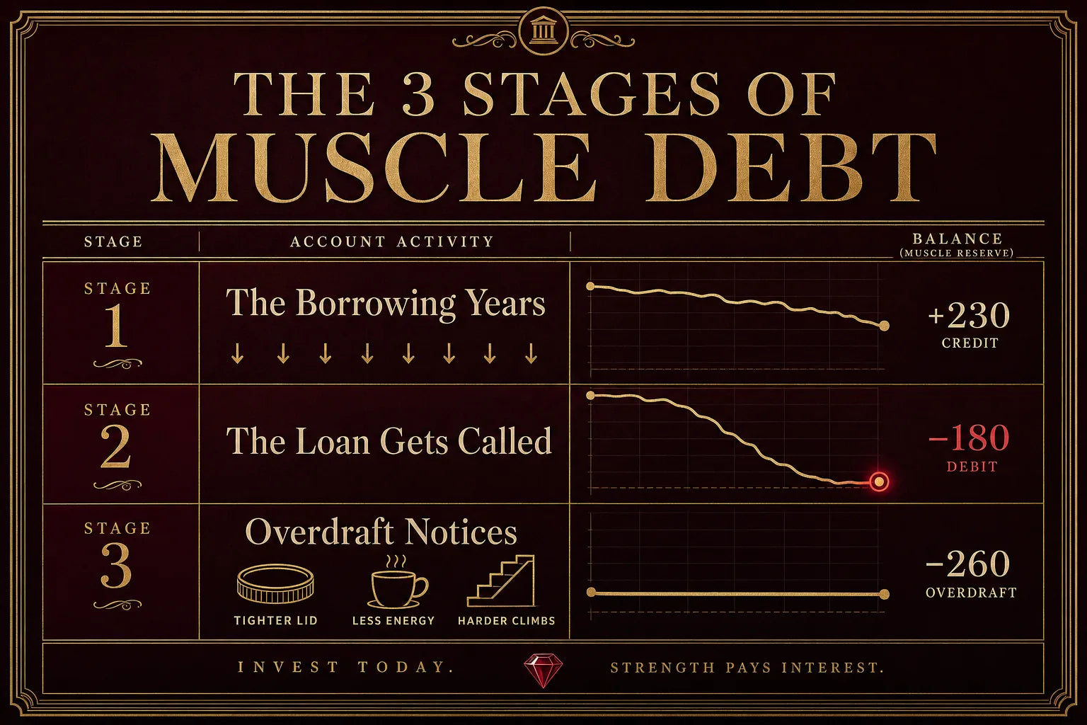 Bank-statement style infographic titled The 3 Stages of Muscle Debt in burgundy and gold