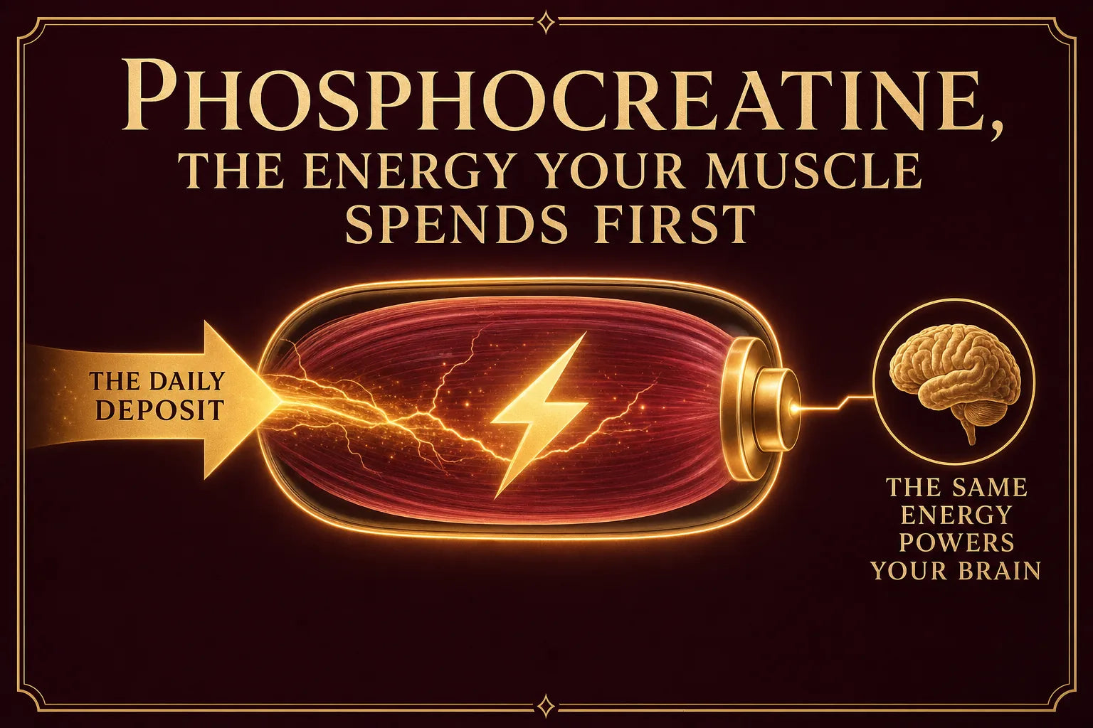 Infographic of a muscle cell drawn as an elegant battery labeled phosphocreatine, the energy your muscle spends first