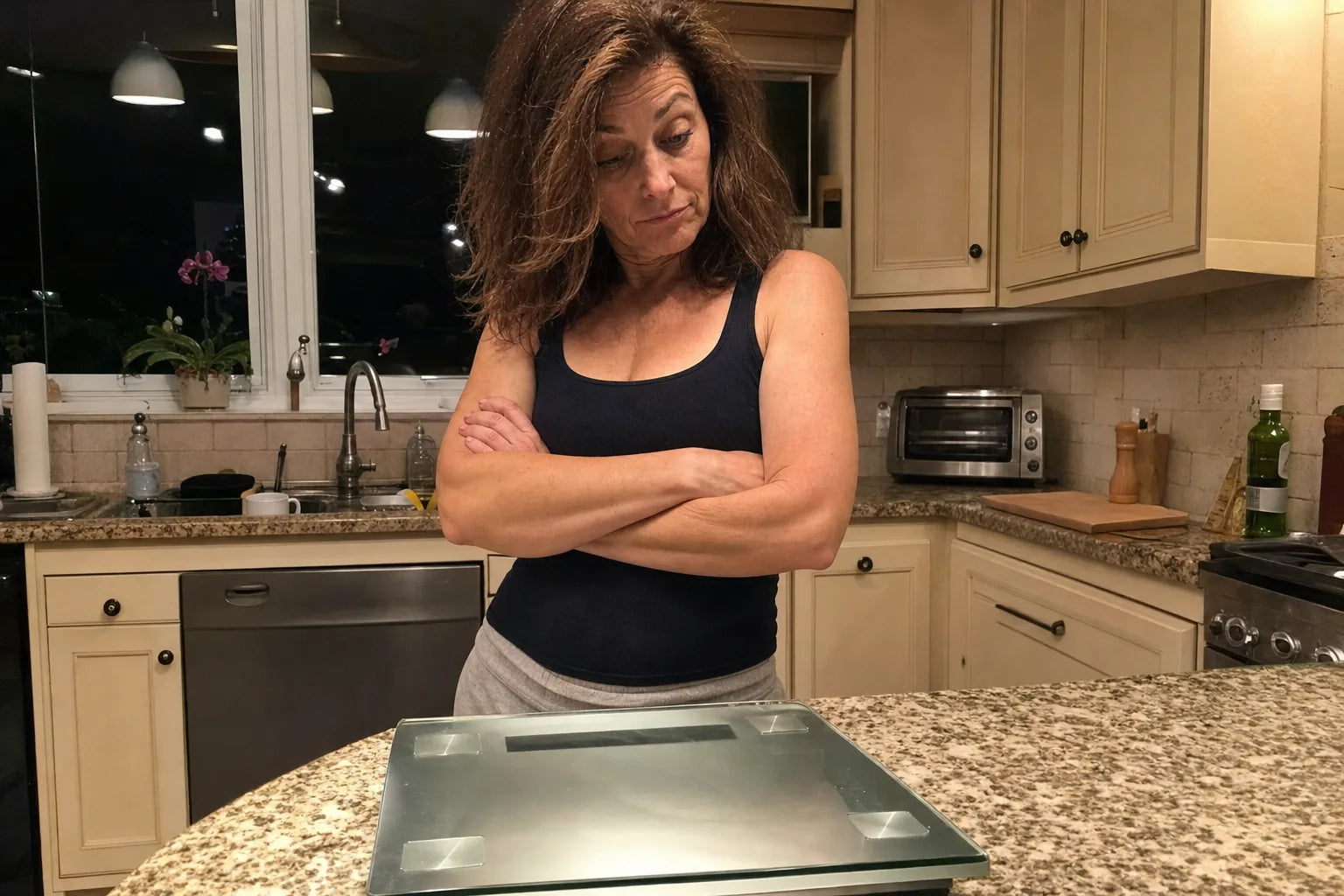 Woman in her kitchen at night, arms crossed, eyeing a bathroom scale on the counter like an old enemy