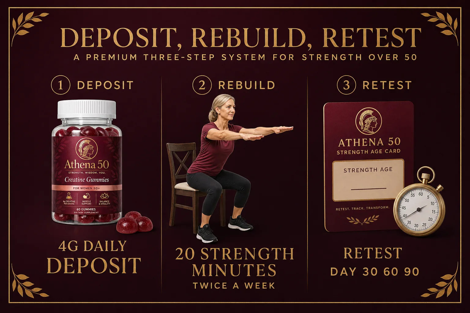 Three-step system infographic titled Deposit, Rebuild, Retest in burgundy and gold, showing gummies, a squat, and the Strength Age Card