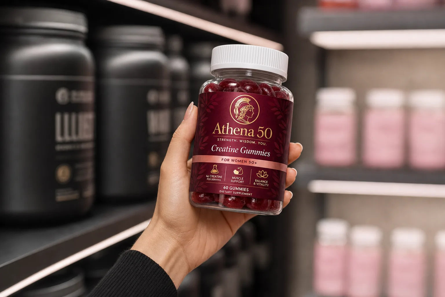 A woman's hand lifting the Athena 50 bottle in sharp focus, blurred black gym tubs on one side and pastel pink gummy bottles on the other