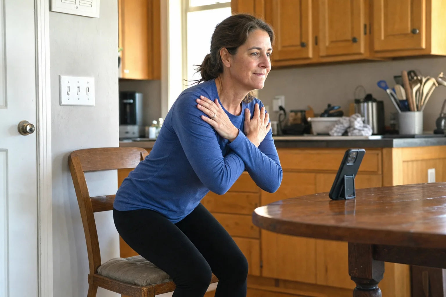 Woman mid chair-stand in her kitchen with arms crossed over her chest and a determined smile, a phone timer propped on the table