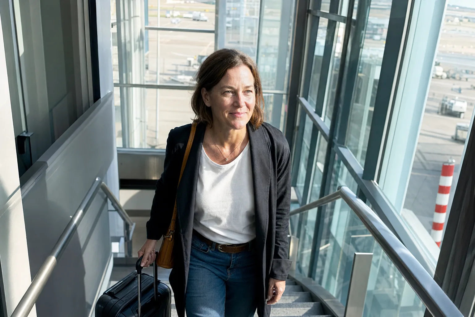 Woman walking up airport stairs carrying her own carry-on, mid-stride with a small private smile in morning terminal light