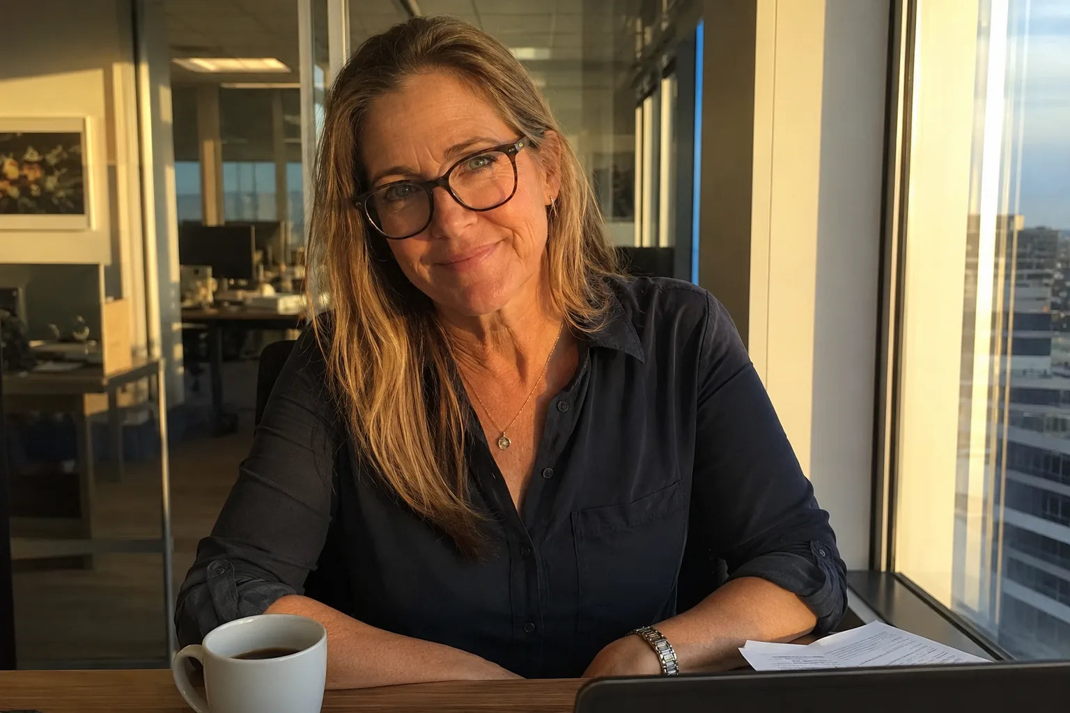 A woman at her office desk at golden hour
