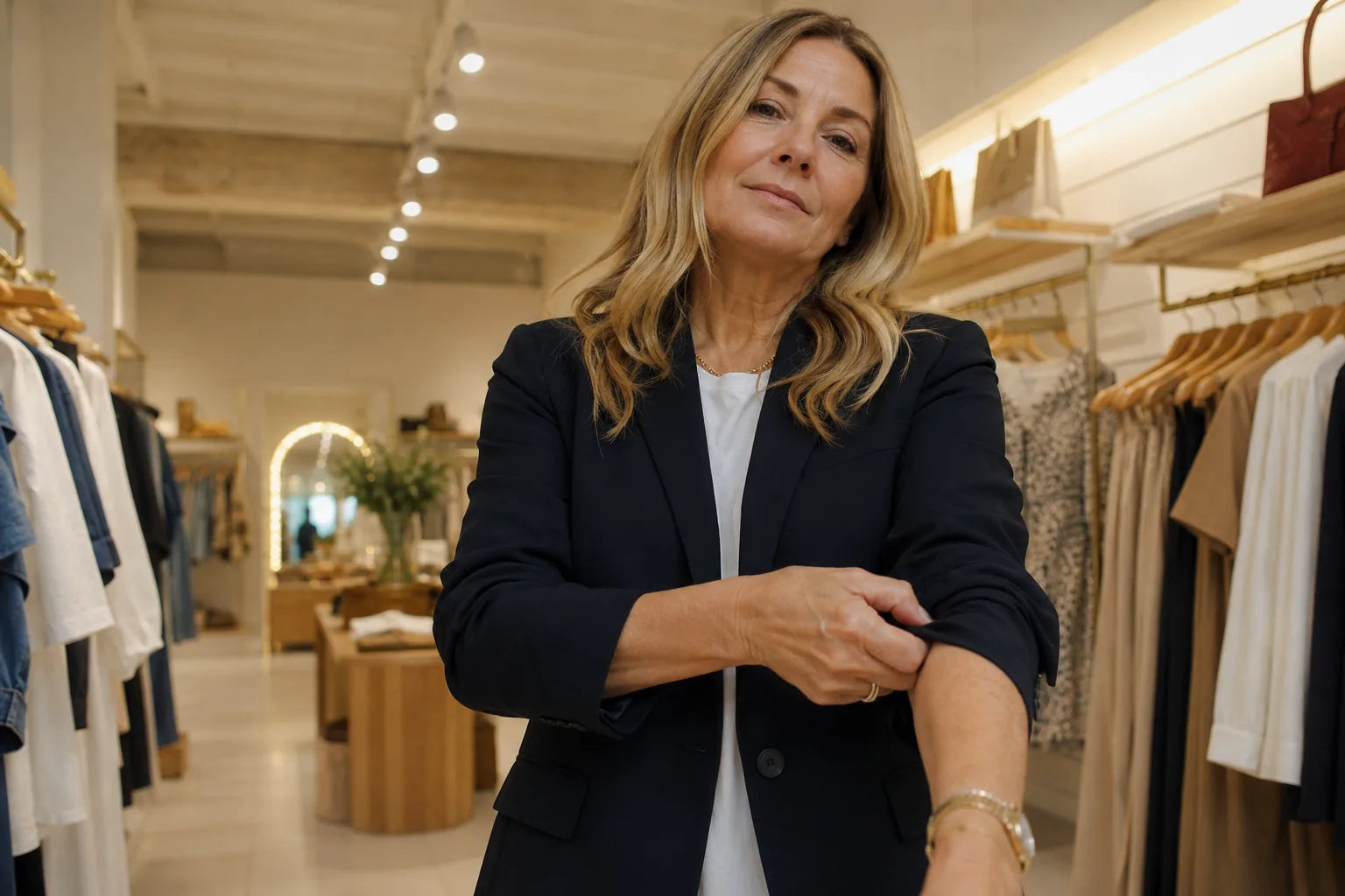 A woman in a boutique pushing her blazer sleeve up