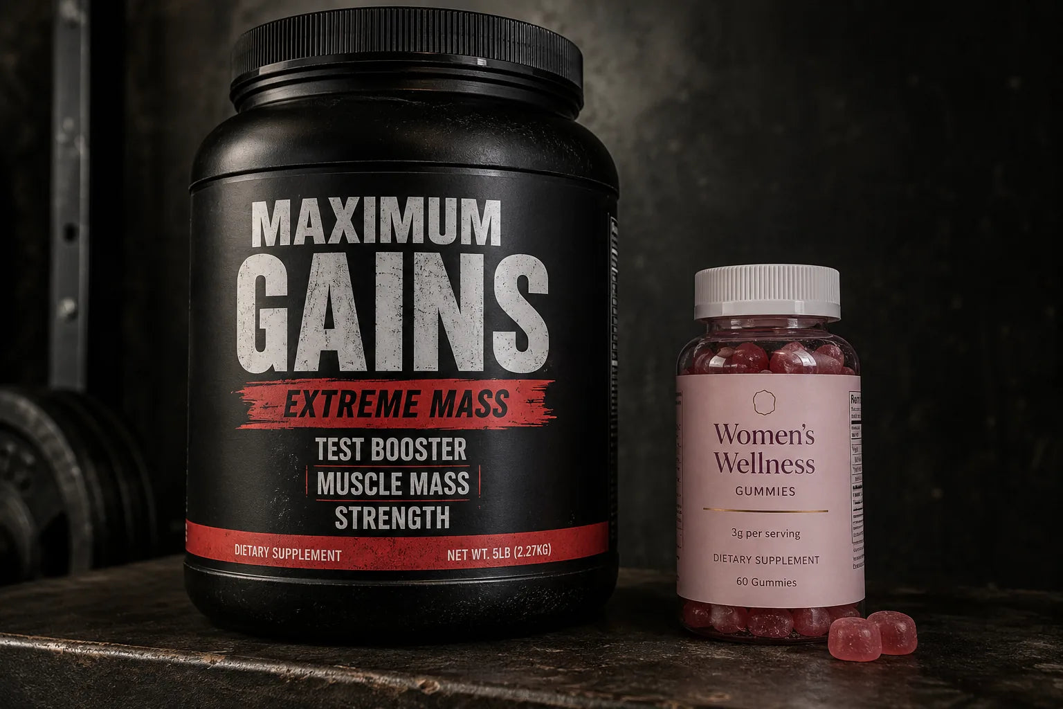 A black gym tub next to a pink gummy bottle